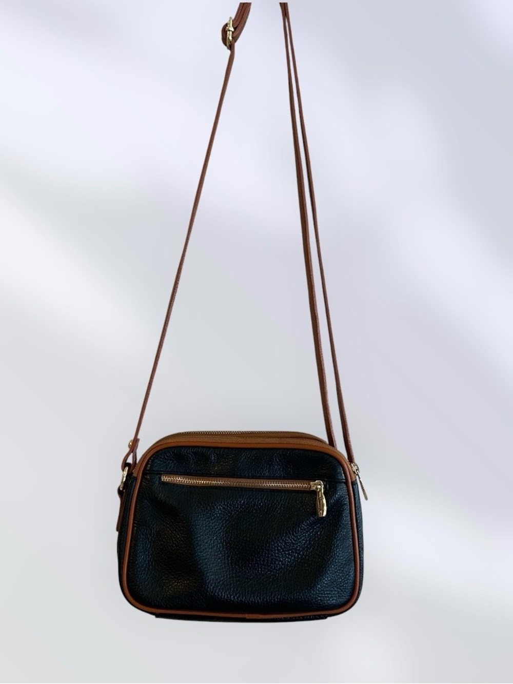💐Valentina Classic Black Leather Crossbody Bag with Brown Trim - Picture 2 of 7